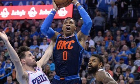Russell Westbrook’s 37 helped the team to defeat 76er