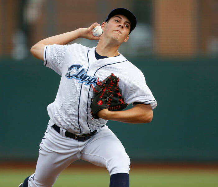 Clippers Trevor Bauer delivers a pitch during a baseball game between the Columbus Clippers and the Buffalo Bisons on August 1, 2013 at Huntington Park. (Columbus Dispatch photo by Fred Squillante) Clippers 8 2 Fs 03